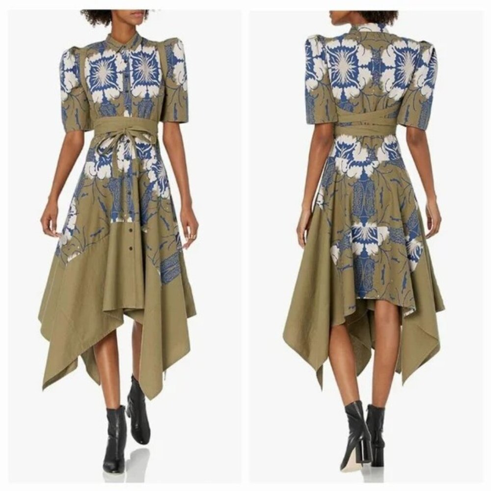 Olive Green Floral-Print Handkerchief Midi Dress